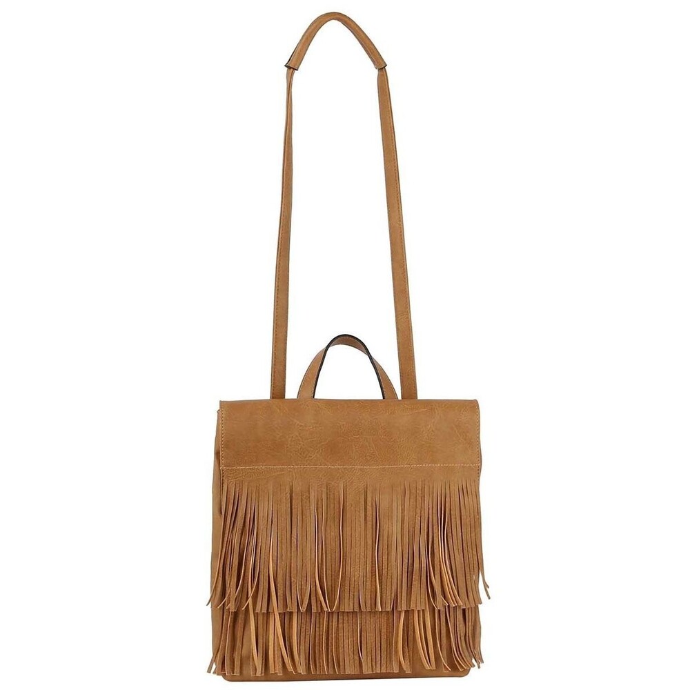 Women's Brown Western Fringe Convertible Backpack Messenger Bag Carry All Bag - Picture 6 of 7